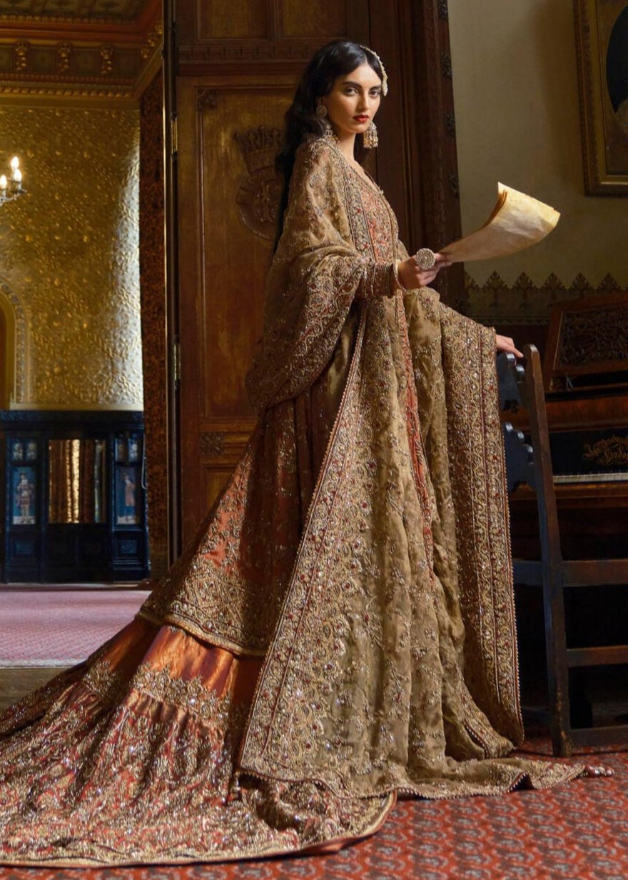Pakistani Rust Hand Embroidered Jamawar Lehenga (3-Piece) - Image 1