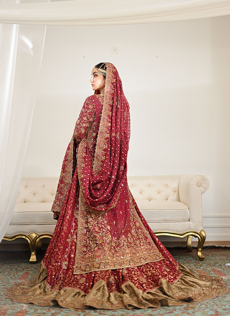 Burnt Burgundy Embroidered Cotton Net & Jamawar Lehenga (3-Piece) - Image 11