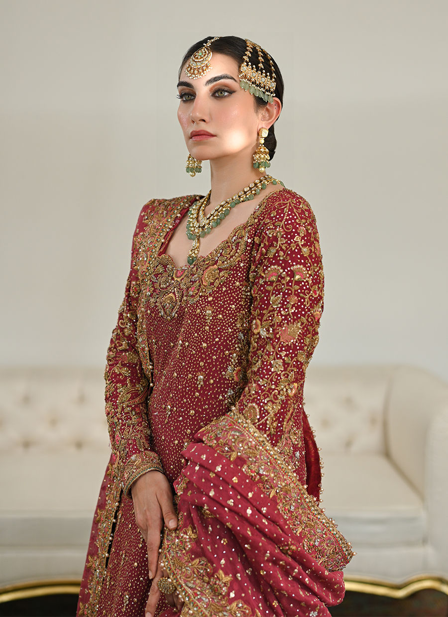 Burnt Burgundy Embroidered Cotton Net & Jamawar Lehenga (3-Piece) - Image 2