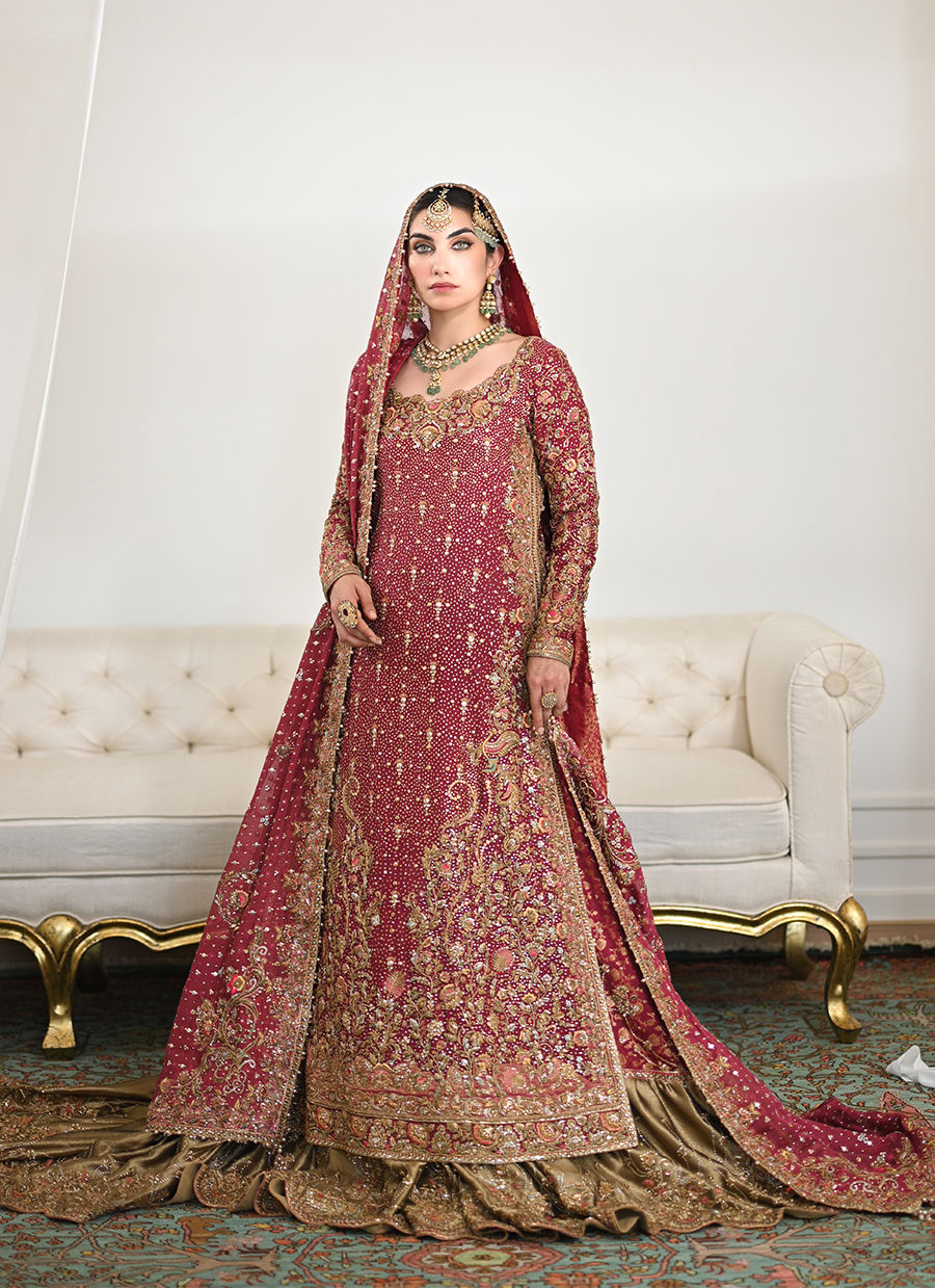 Burnt Burgundy Embroidered Cotton Net & Jamawar Lehenga (3-Piece) - Image 3