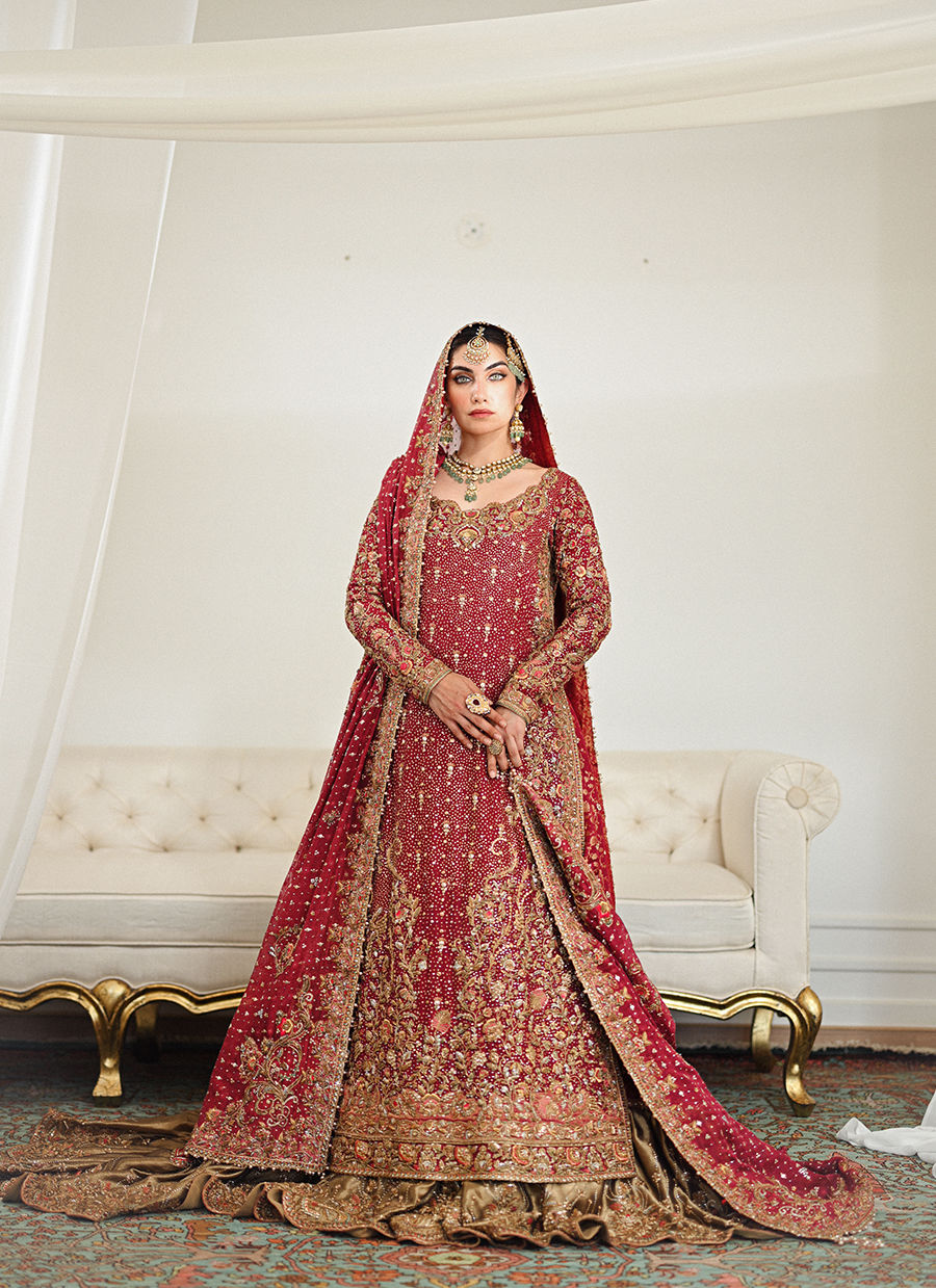 Burnt Burgundy Embroidered Cotton Net & Jamawar Lehenga (3-Piece) - Image 4