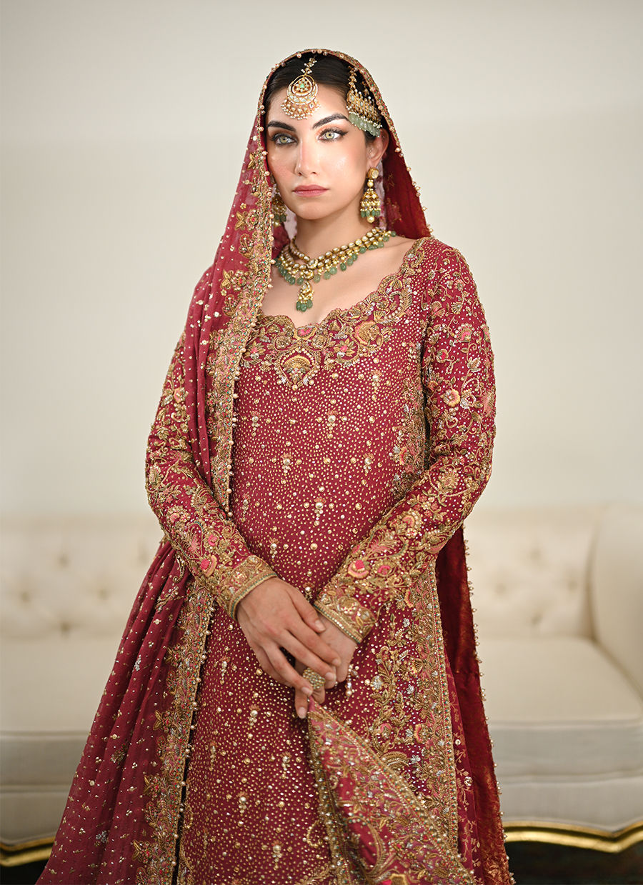 Burnt Burgundy Embroidered Cotton Net & Jamawar Lehenga (3-Piece) - Image 6