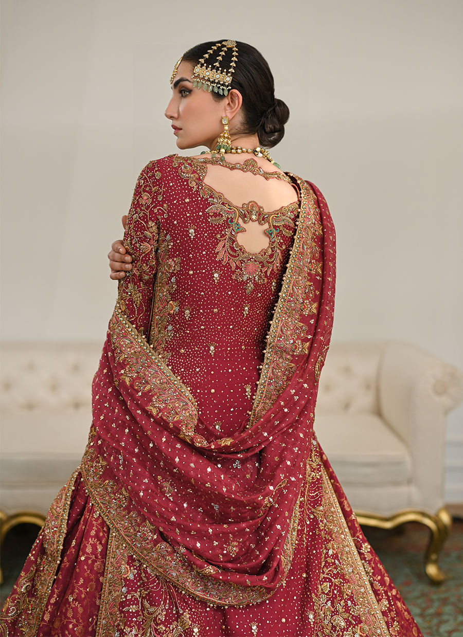 Burnt Burgundy Embroidered Cotton Net & Jamawar Lehenga (3-Piece) - Image 7