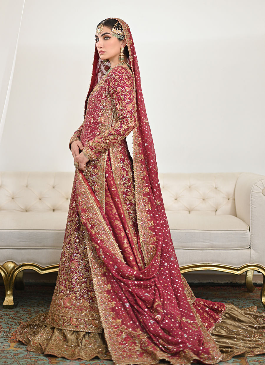 Burnt Burgundy Embroidered Cotton Net & Jamawar Lehenga (3-Piece) - Image 8