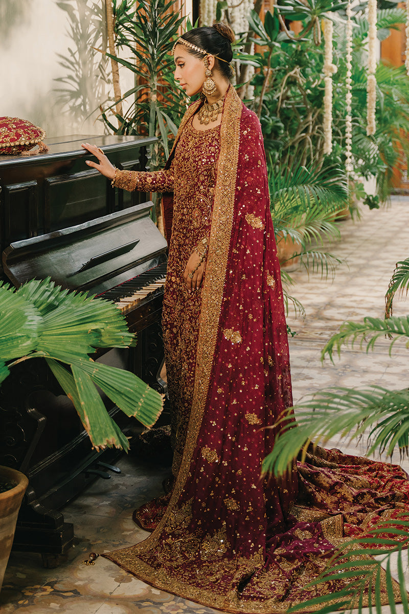 Indian Deep Maroon Zardozi Silk Net & Jamawar Lehenga (3-Piece) - Image 5