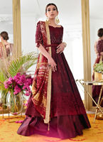 Pakistani Maroon Hand Cutwork Kataan Silk Lehenga (3-Piece) - Image 2