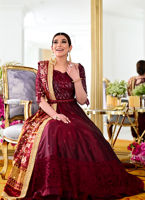 Pakistani Maroon Hand Cutwork Kataan Silk Lehenga (3-Piece) - Image 3