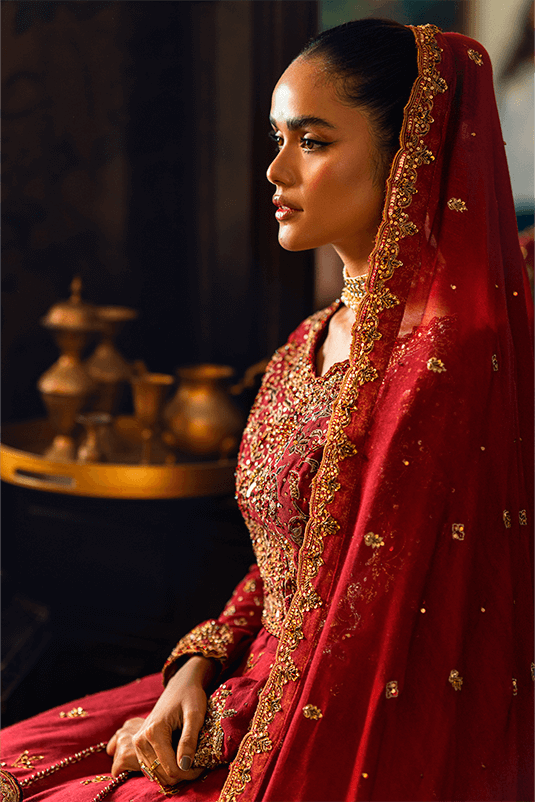 Maroon Embroidered Khaddi Net & Jacquard Bridal Lehenga (3-Piece) - Image 1