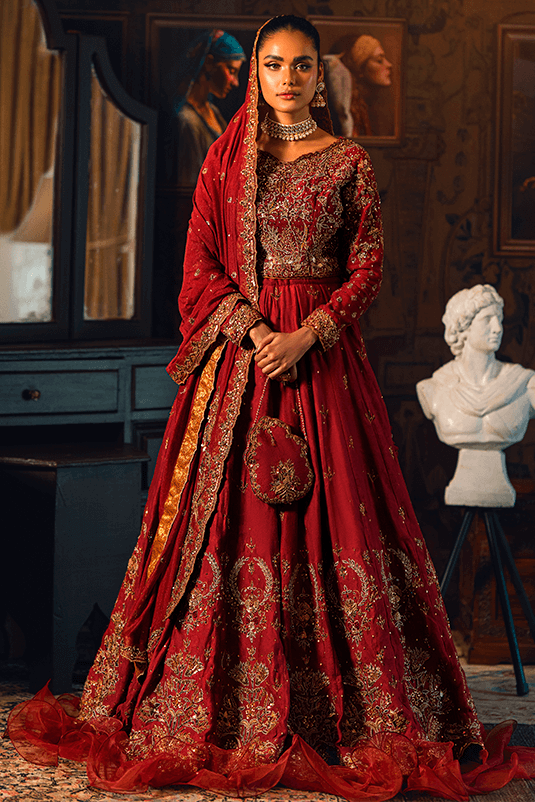 Maroon Embroidered Khaddi Net & Jacquard Bridal Lehenga (3-Piece) - Image 2