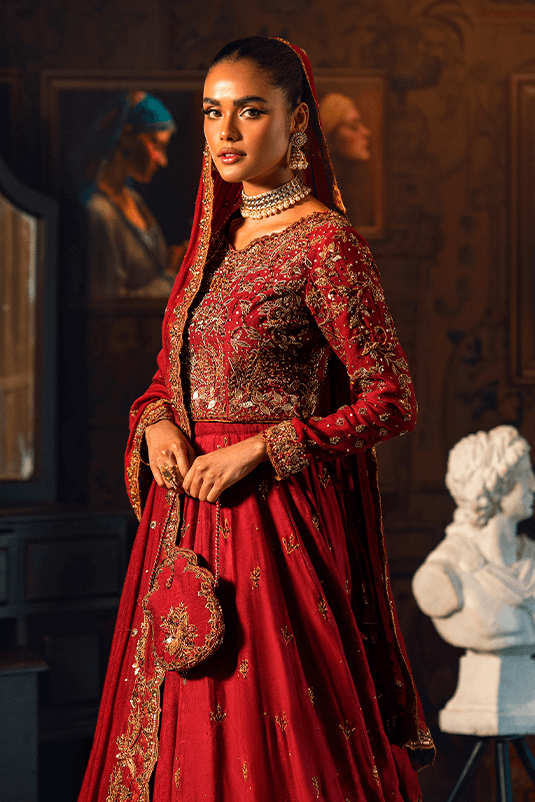 Maroon Embroidered Khaddi Net & Jacquard Bridal Lehenga (3-Piece) - Image 5