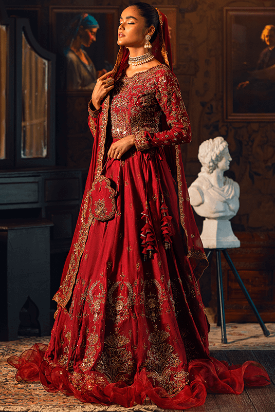 Maroon Embroidered Khaddi Net & Jacquard Bridal Lehenga (3-Piece) - Image 6