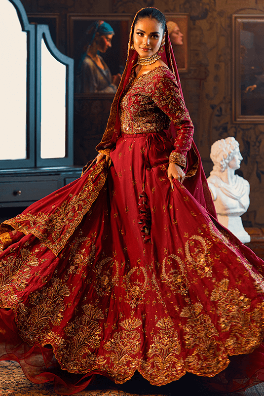 Maroon Embroidered Khaddi Net & Jacquard Bridal Lehenga (3-Piece) - Image 7