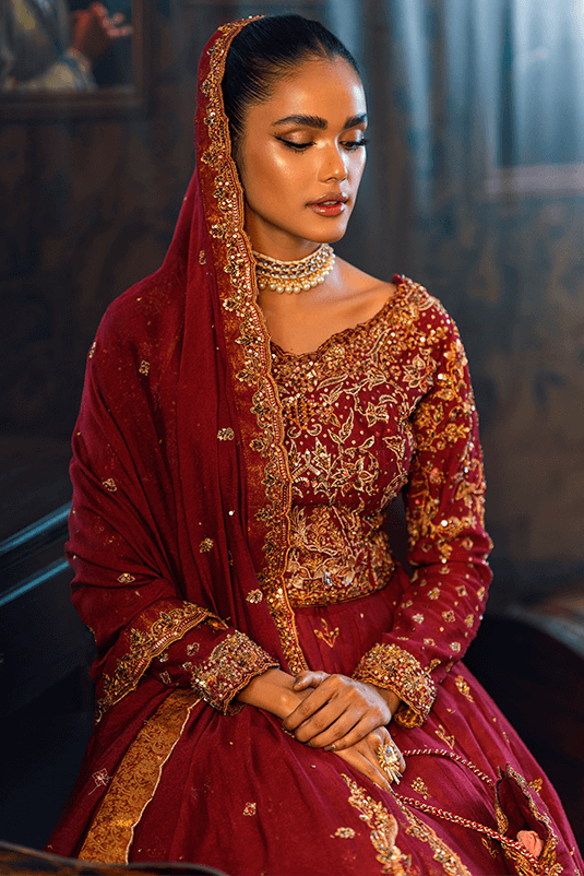Pakistani Maroon Zardozi Khaddi Net Bridal Lehenga Choli (3-Piece) - Image 3