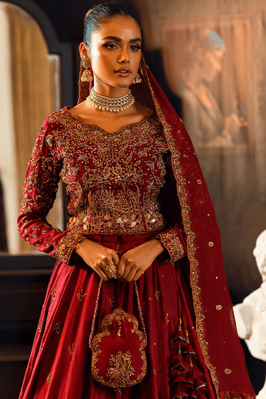 Pakistani Maroon Zardozi Khaddi Net Bridal Lehenga Choli (3-Piece) - Image 4