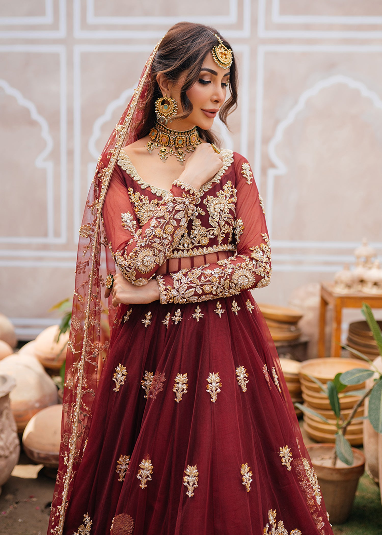 Burgundy Zardozi Net & Silk Bridal Peshwas Lehnga (3-Piece) - Image 5