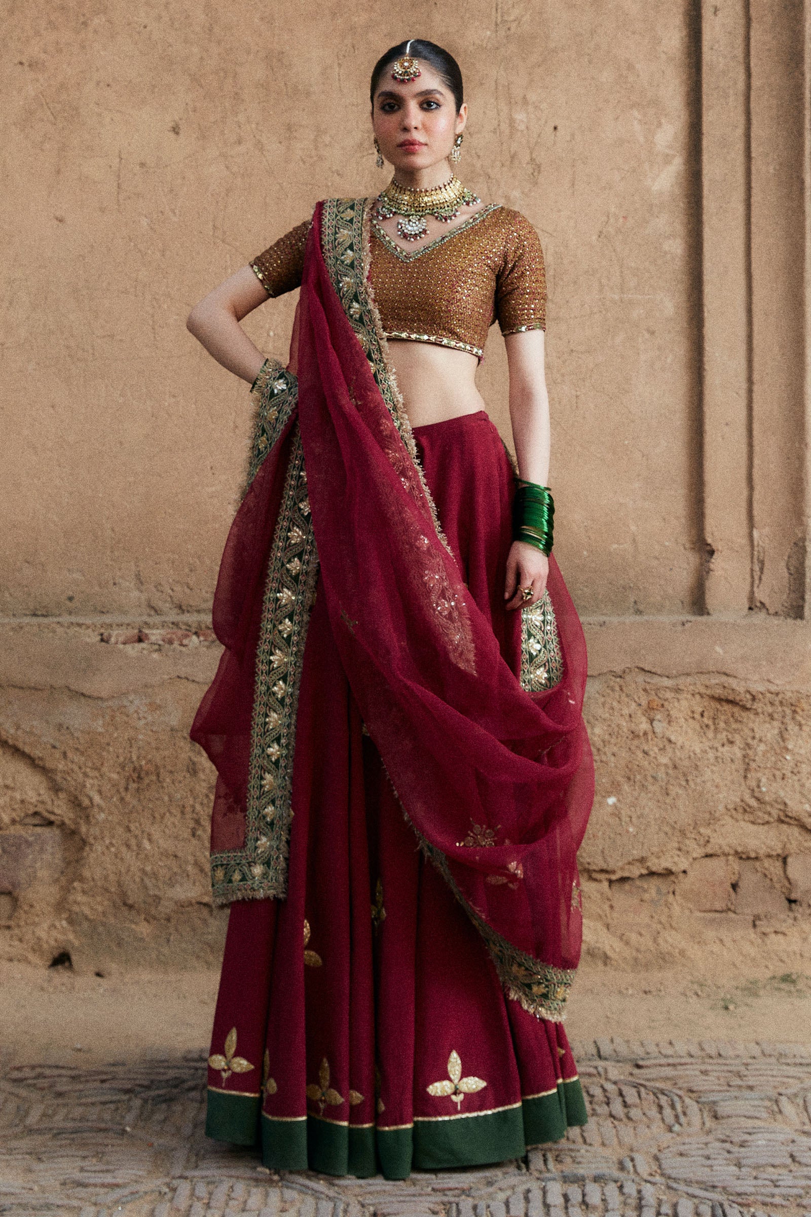 Pakistani Deep Maroon Embroidered Korean Silk Lehnga Choli (3-Piece) - Image 1