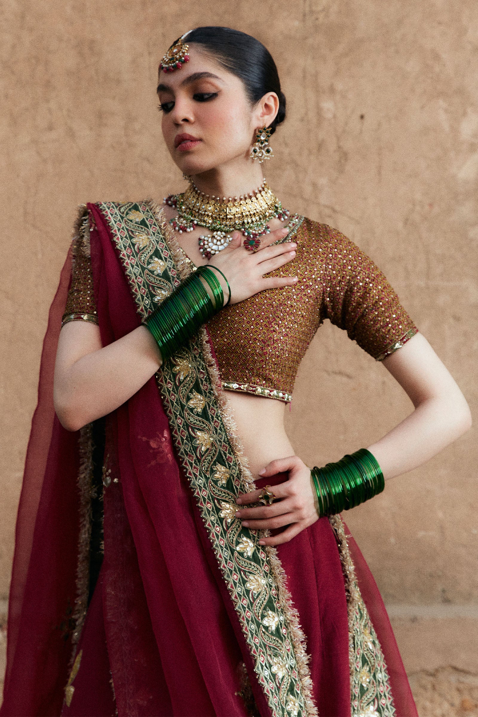 Pakistani Deep Maroon Embroidered Korean Silk Lehnga Choli (3-Piece) - Image 2