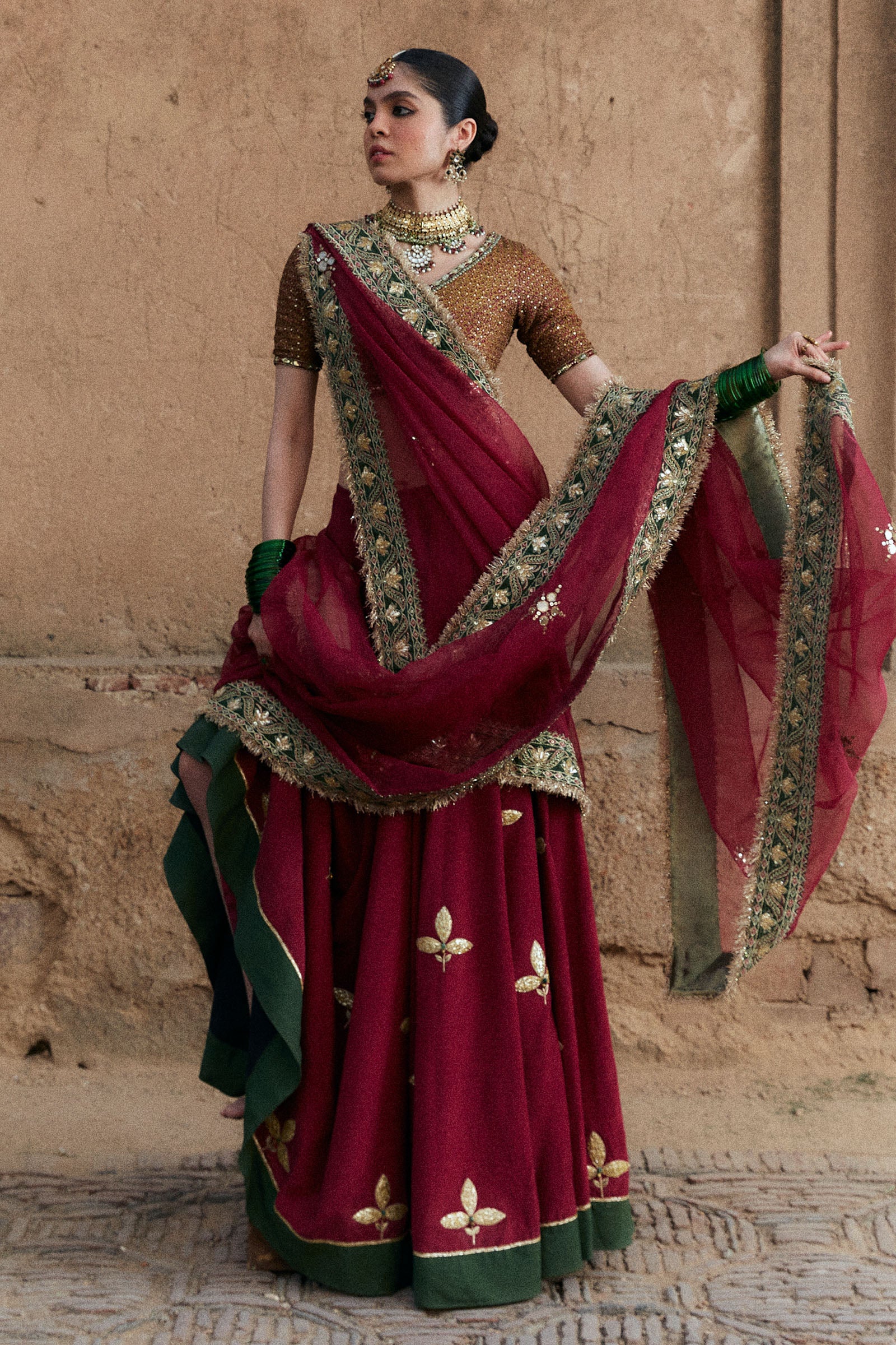 Pakistani Deep Maroon Embroidered Korean Silk Lehnga Choli (3-Piece) - Image 3