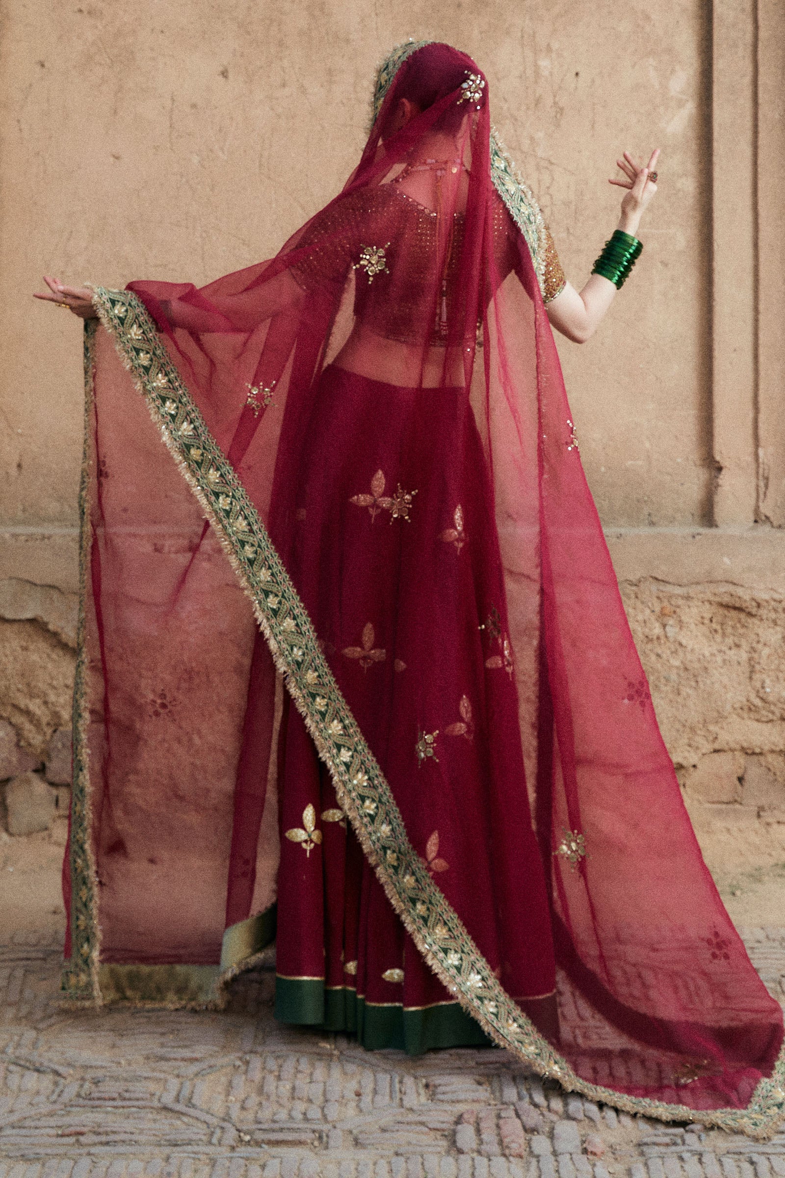 Pakistani Deep Maroon Embroidered Korean Silk Lehnga Choli (3-Piece) - Image 4