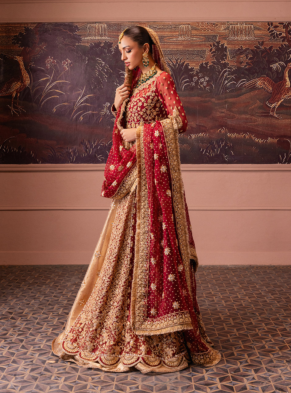 Pakistani Maroon Gold Zardozi Lama Lehenga (3-Piece) - Image 10