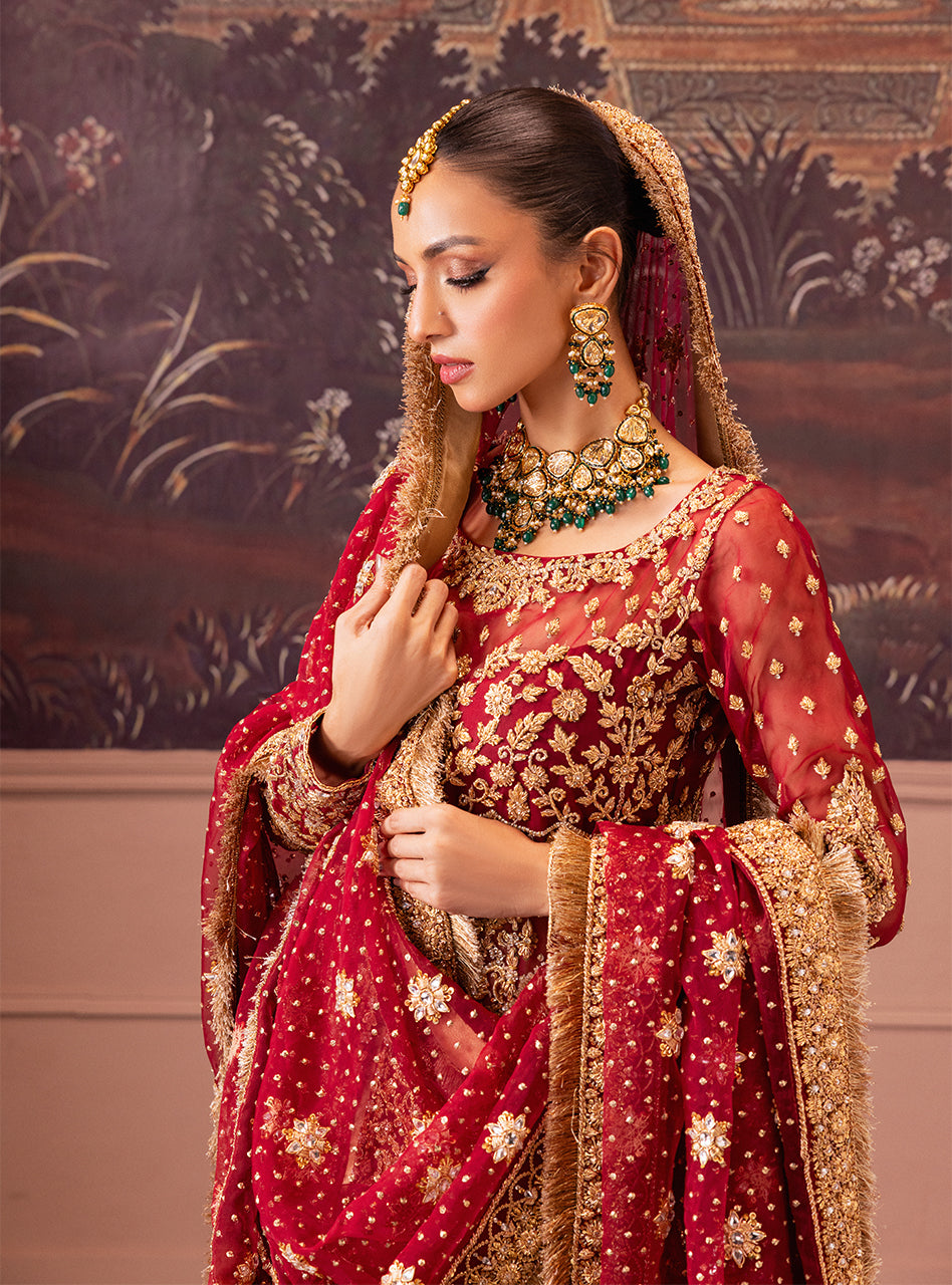 Pakistani Maroon Gold Zardozi Lama Lehenga (3-Piece) - Image 11