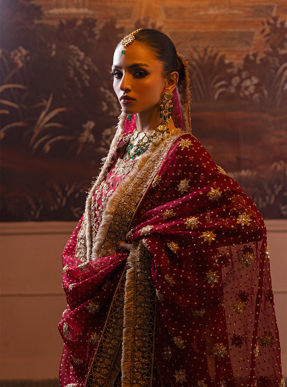 Pakistani Maroon Gold Zardozi Lama Lehenga (3-Piece) - Image 15
