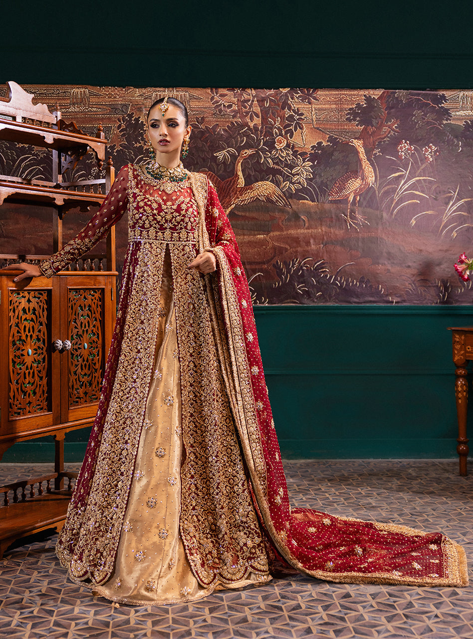 Pakistani Maroon Gold Zardozi Lama Lehenga (3-Piece) - Image 2