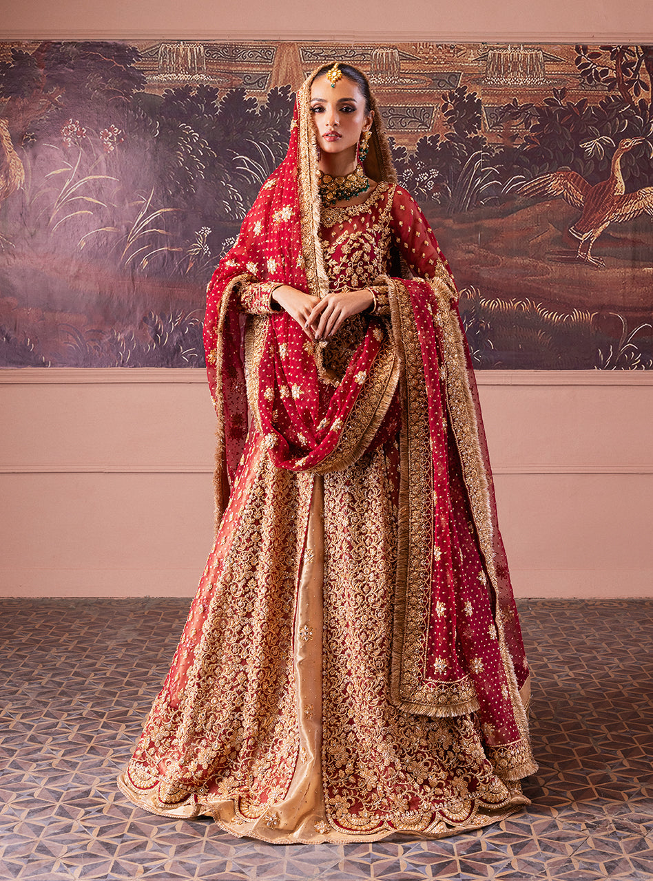 Pakistani Maroon Gold Zardozi Lama Lehenga (3-Piece) - Image 5