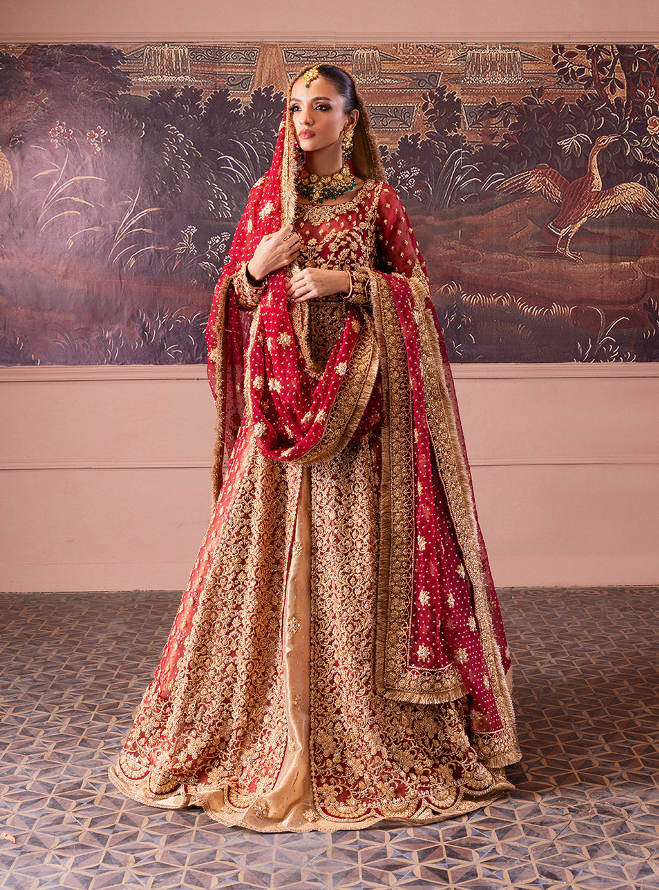 Pakistani Maroon Gold Zardozi Lama Lehenga Bridal (3-Piece) - Image 1