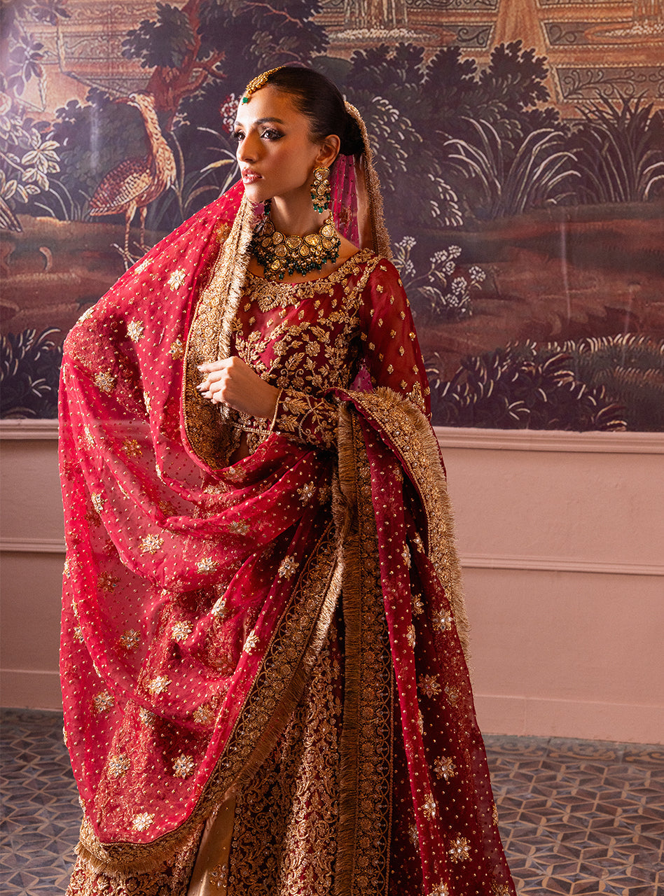 Pakistani Maroon Gold Zardozi Lama Lehenga Bridal (3-Piece) - Image 13
