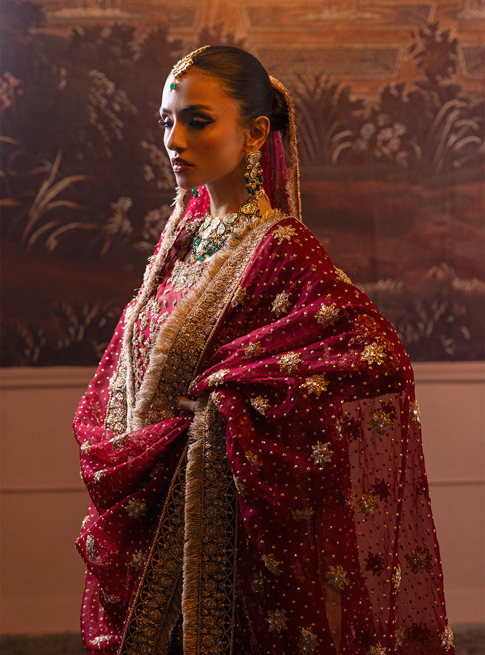 Pakistani Maroon Gold Zardozi Lama Lehenga Bridal (3-Piece) - Image 14