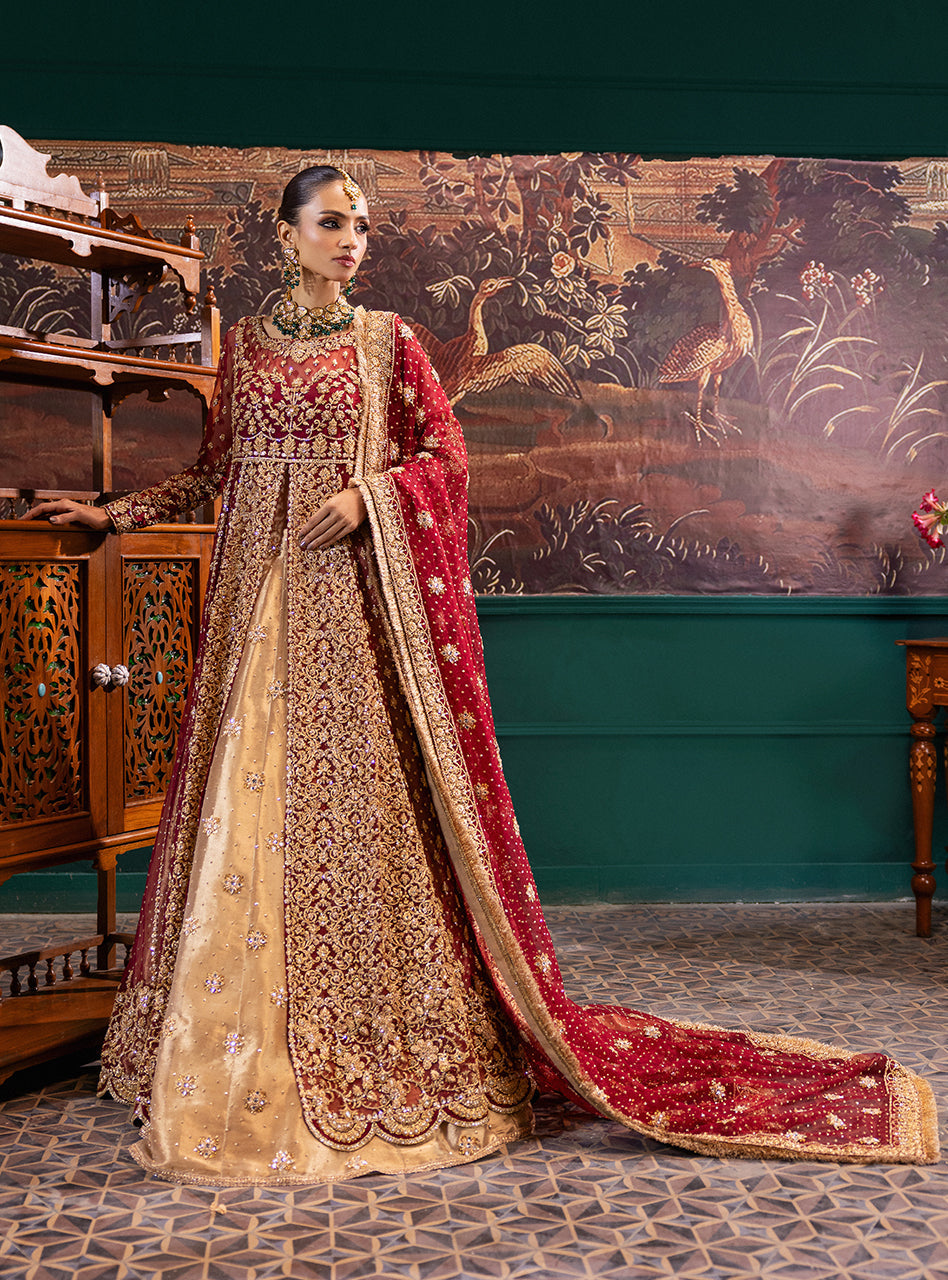 Pakistani Maroon Gold Zardozi Lama Lehenga Bridal (3-Piece) - Image 3