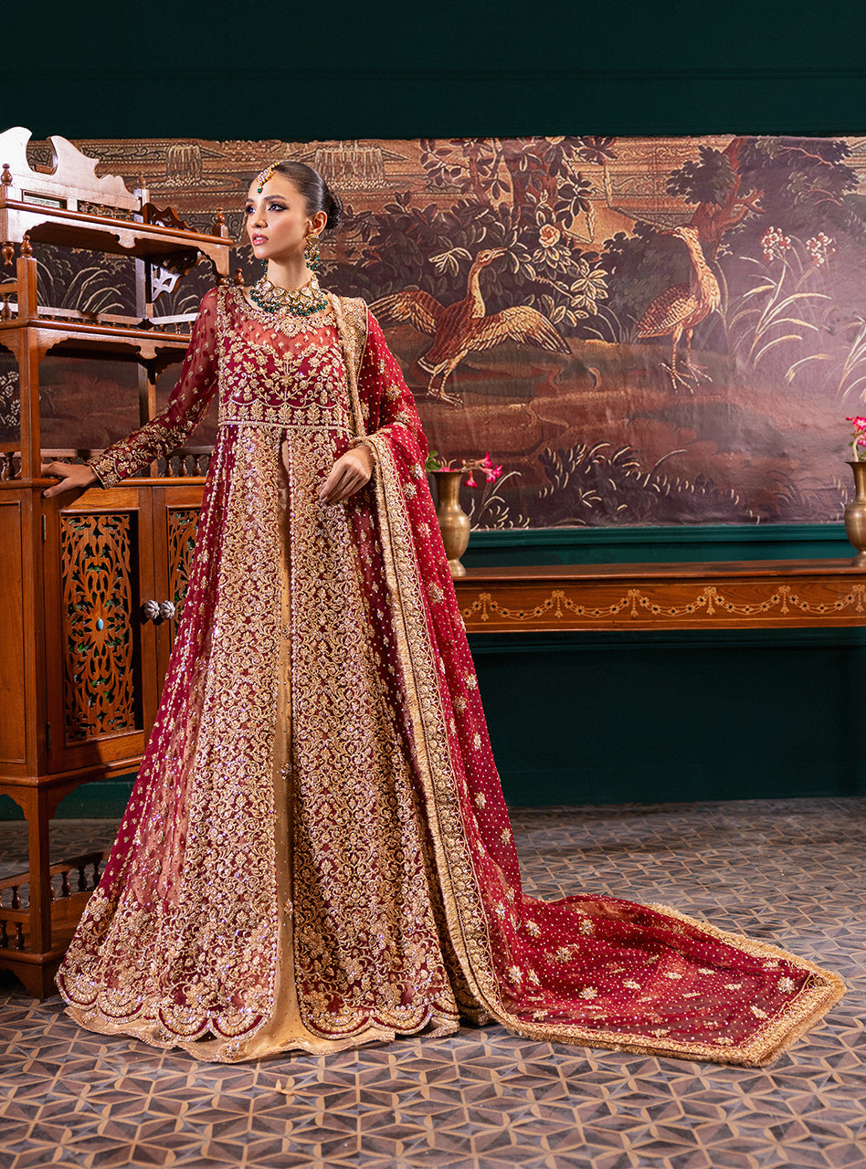 Pakistani Maroon Gold Zardozi Lama Lehenga Bridal (3-Piece) - Image 4