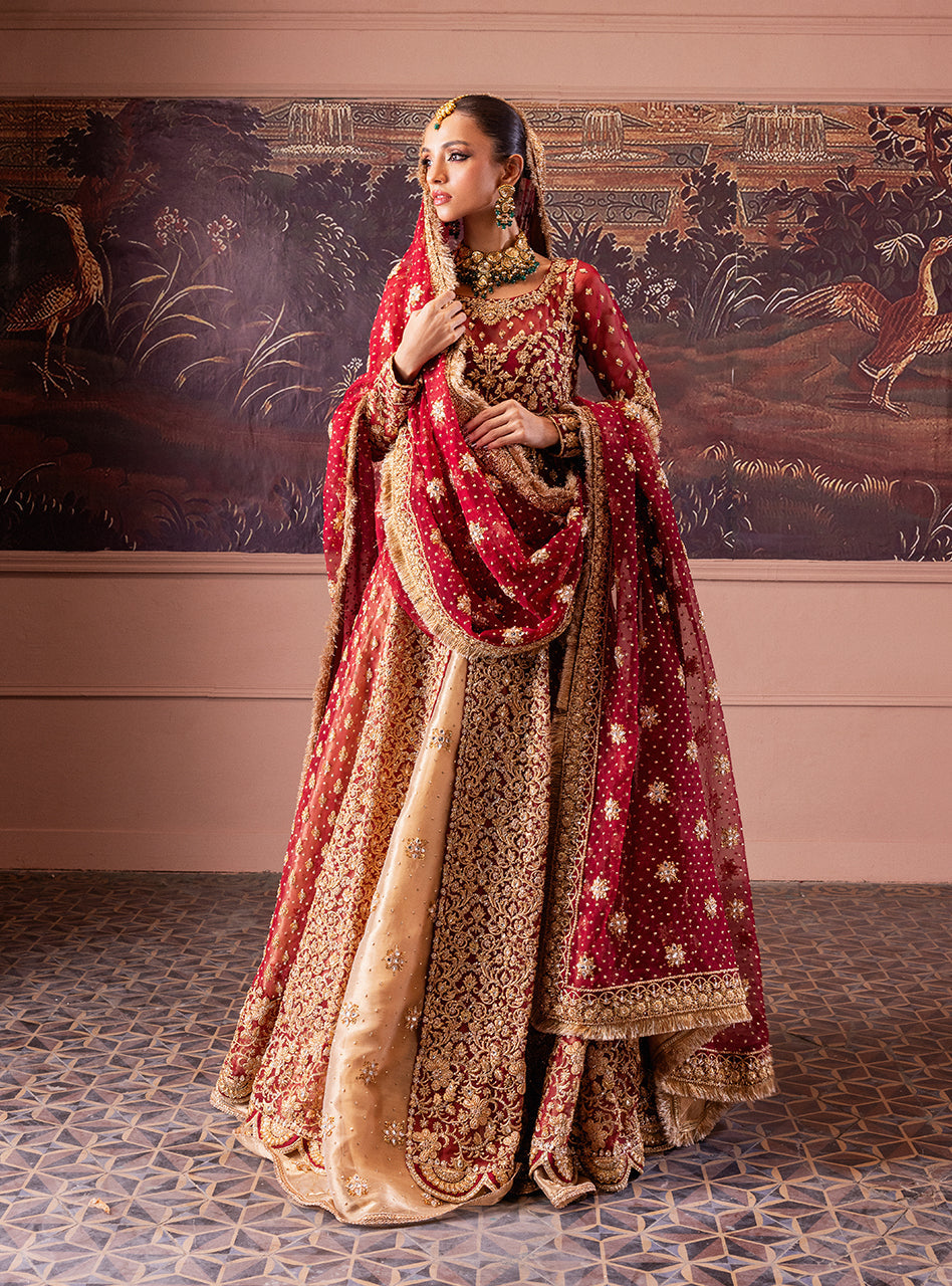 Pakistani Maroon Gold Zardozi Lama Lehenga Bridal (3-Piece) - Image 8
