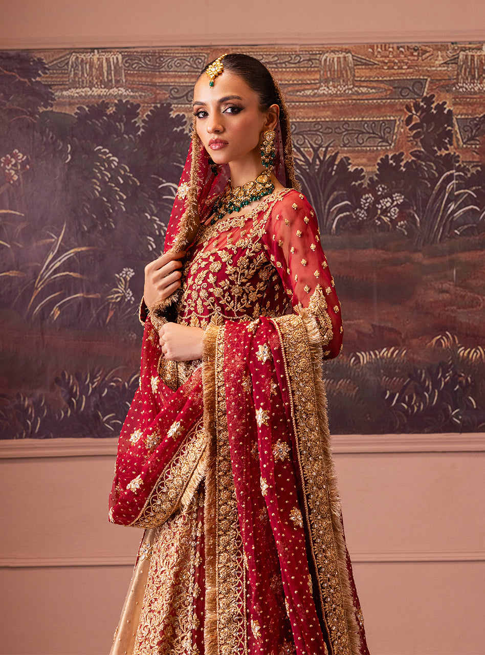Pakistani Maroon Gold Zardozi Lama Lehenga Bridal (3-Piece) - Image 9