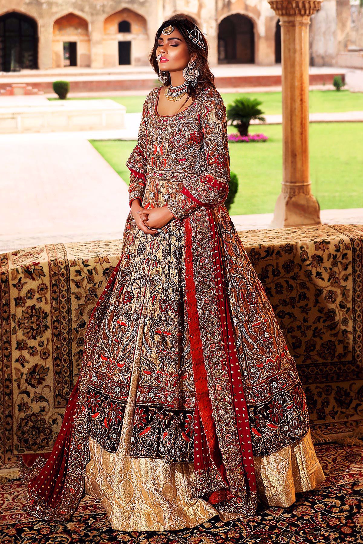 Deep Maroon Zardozi Lamé Silk Bridal Lehenga (3-Piece) - Image 1