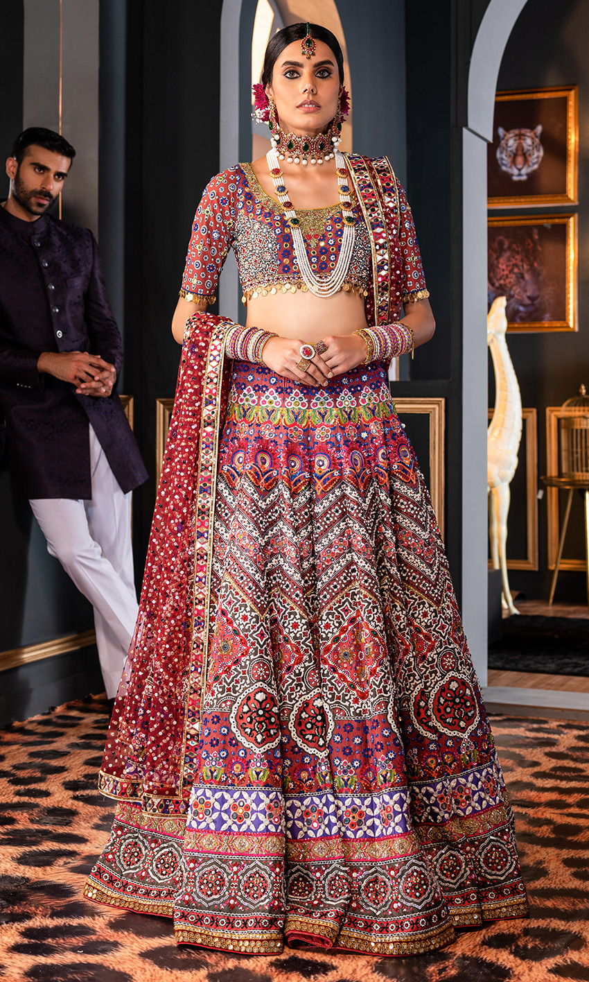 Pakistani Multicolour Ajrak Mirror Embroidered Lehenga Choli (3-Piece) - Image 1