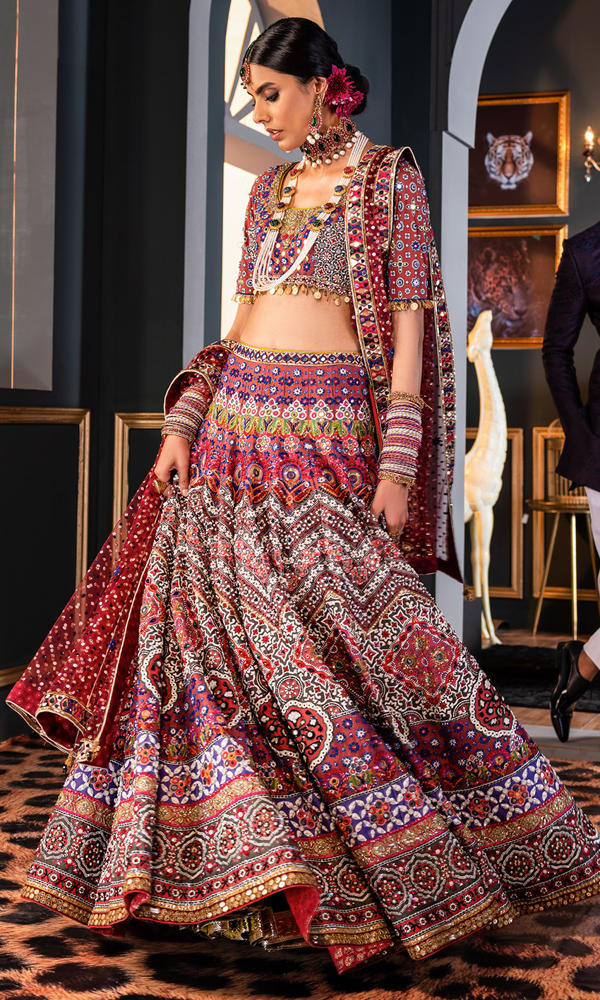 Pakistani Multicolour Ajrak Mirror Embroidered Lehenga Choli (3-Piece) - Image 3