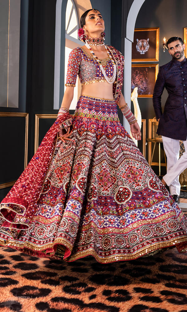 Pakistani Multicolour Ajrak Mirror Embroidered Lehenga Choli (3-Piece) - Image 4