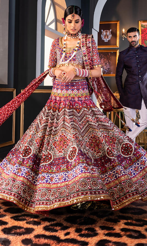 Pakistani Multicolour Ajrak Mirror Embroidered Lehenga Choli (3-Piece) - Image 5