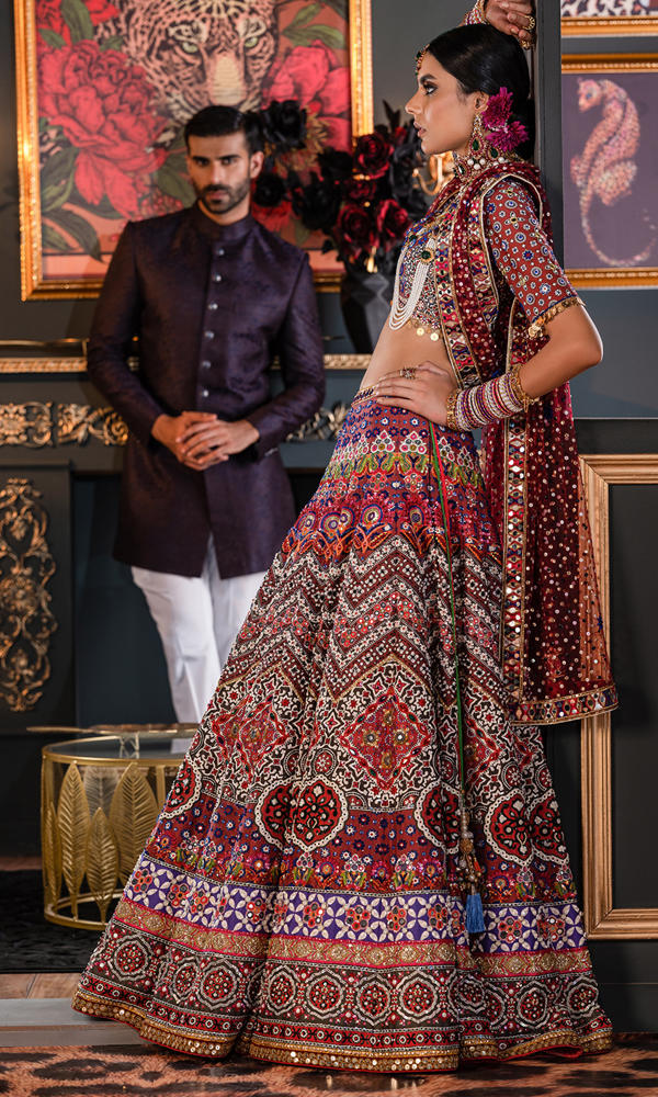 Pakistani Multicolour Ajrak Mirror Embroidered Lehenga Choli (3-Piece) - Image 6