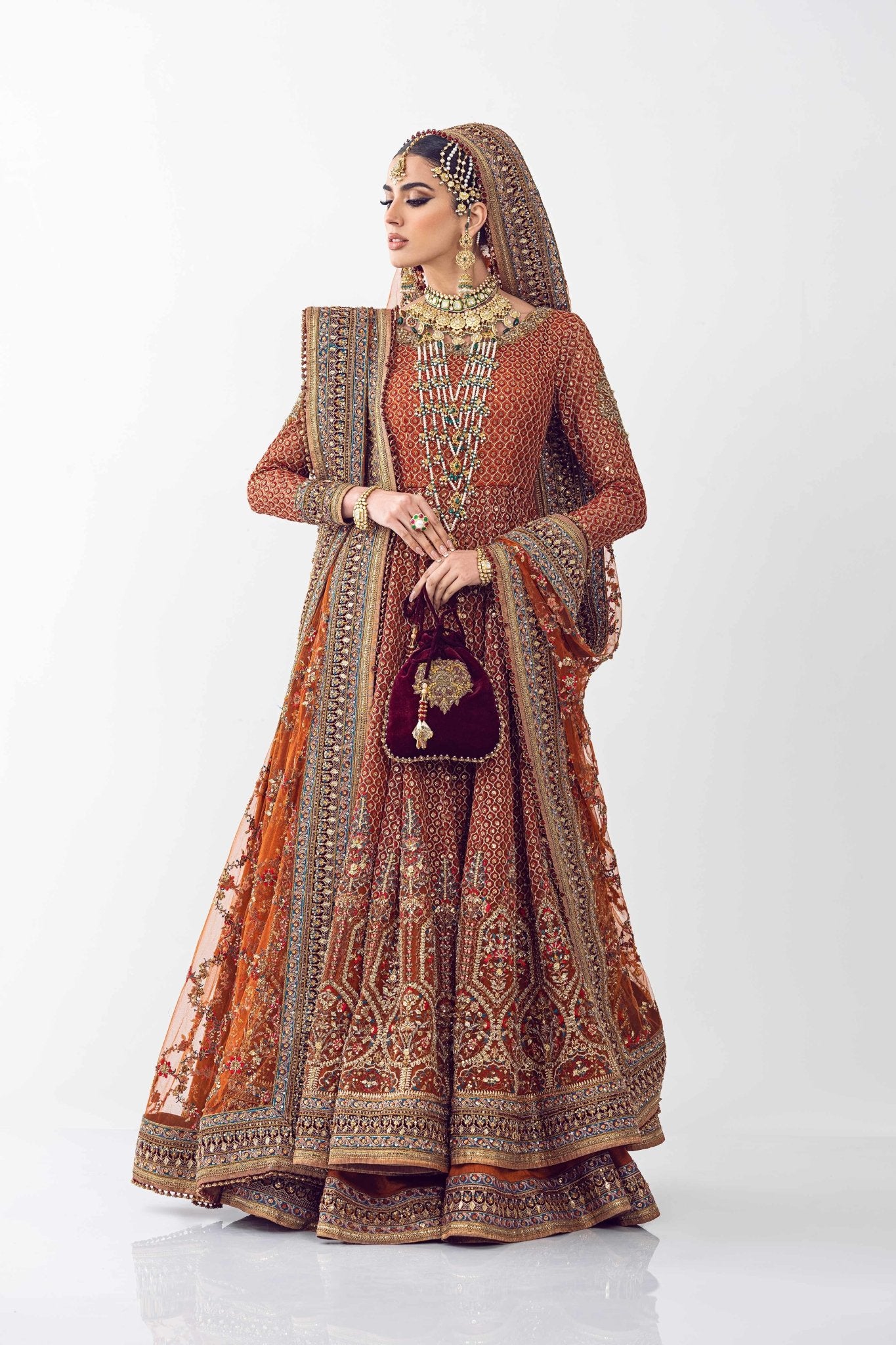 Pakistani Rust Adda & Crystal Net Lehenga Choli (3-Piece) - Image 2