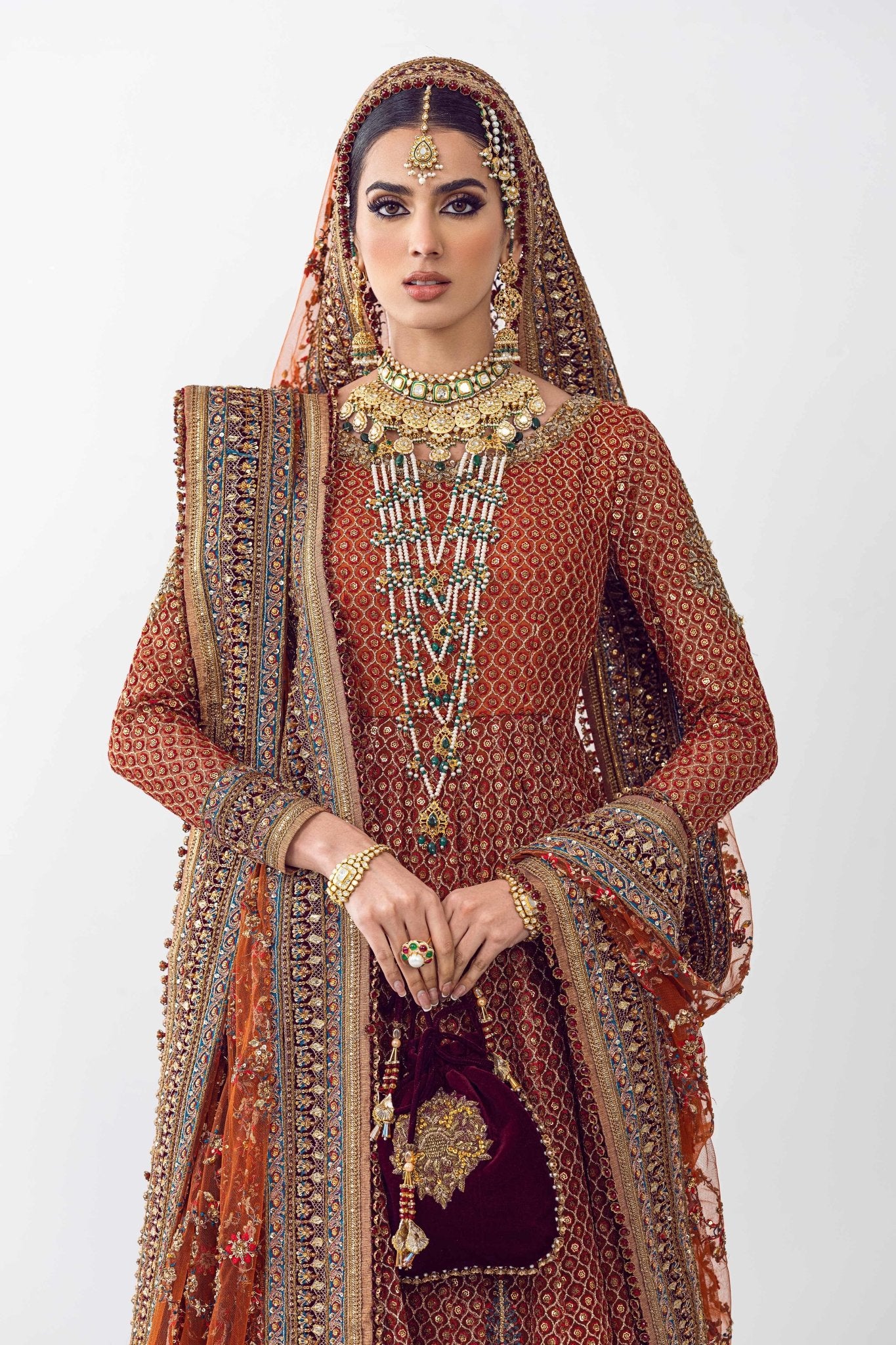 Pakistani Rust Adda & Crystal Net Lehenga Choli (3-Piece) - Image 4
