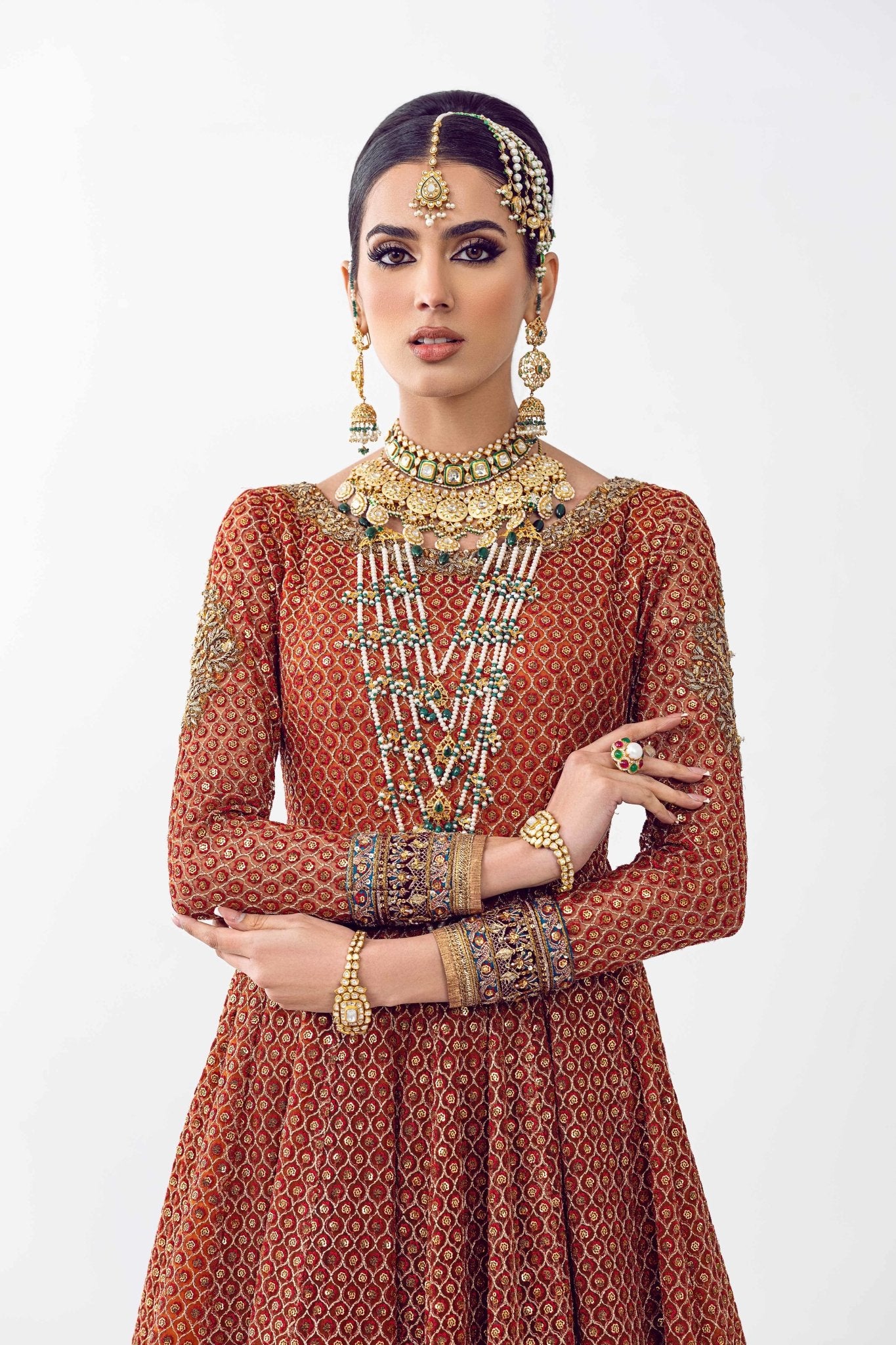 Pakistani Rust Adda & Crystal Net Lehenga Choli (3-Piece) - Image 5