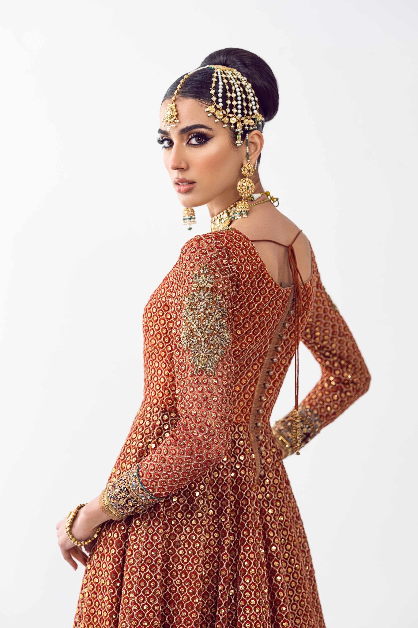 Pakistani Rust Adda & Crystal Net Lehenga Choli (3-Piece) - Image 6