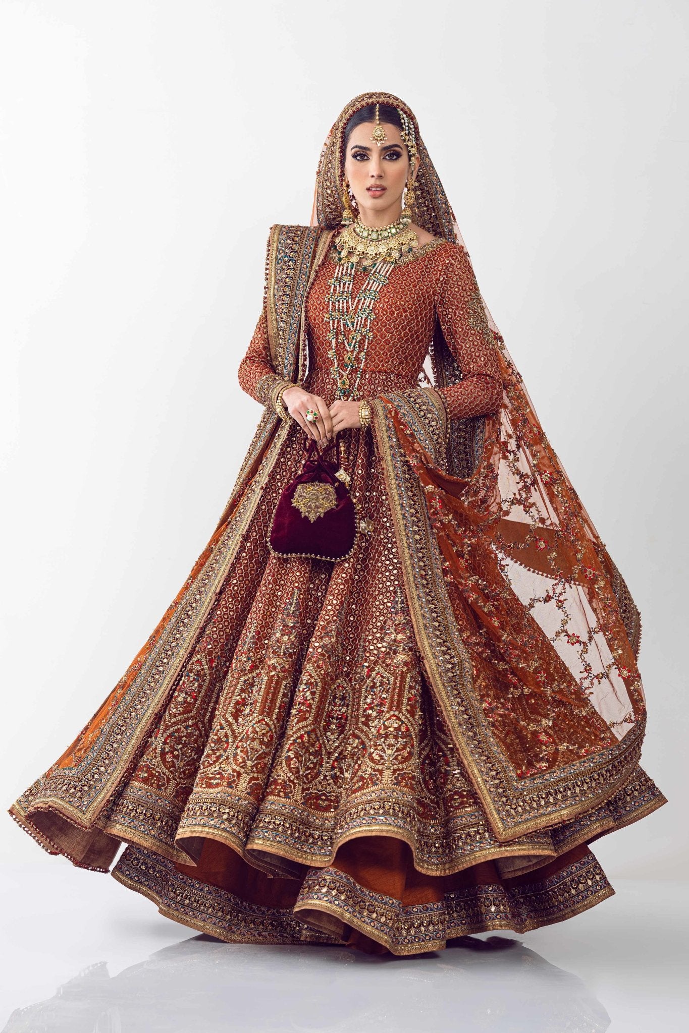 Pakistani Rust Adda & Crystal Net Lehenga Choli (3-Piece) - Image 7