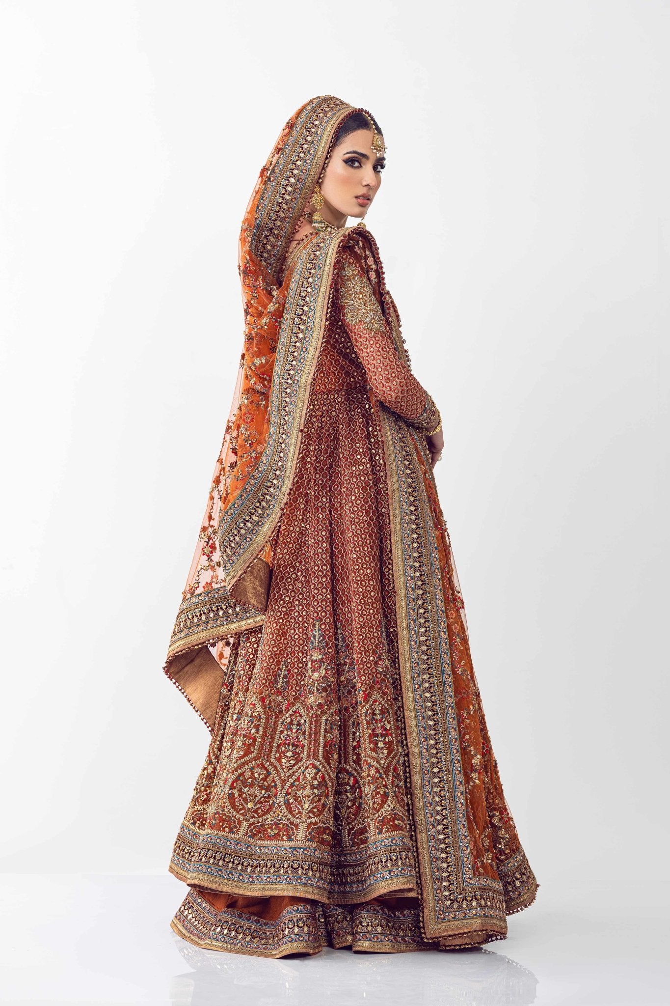 Pakistani Rust Adda & Crystal Net Lehenga Choli (3-Piece) - Image 8