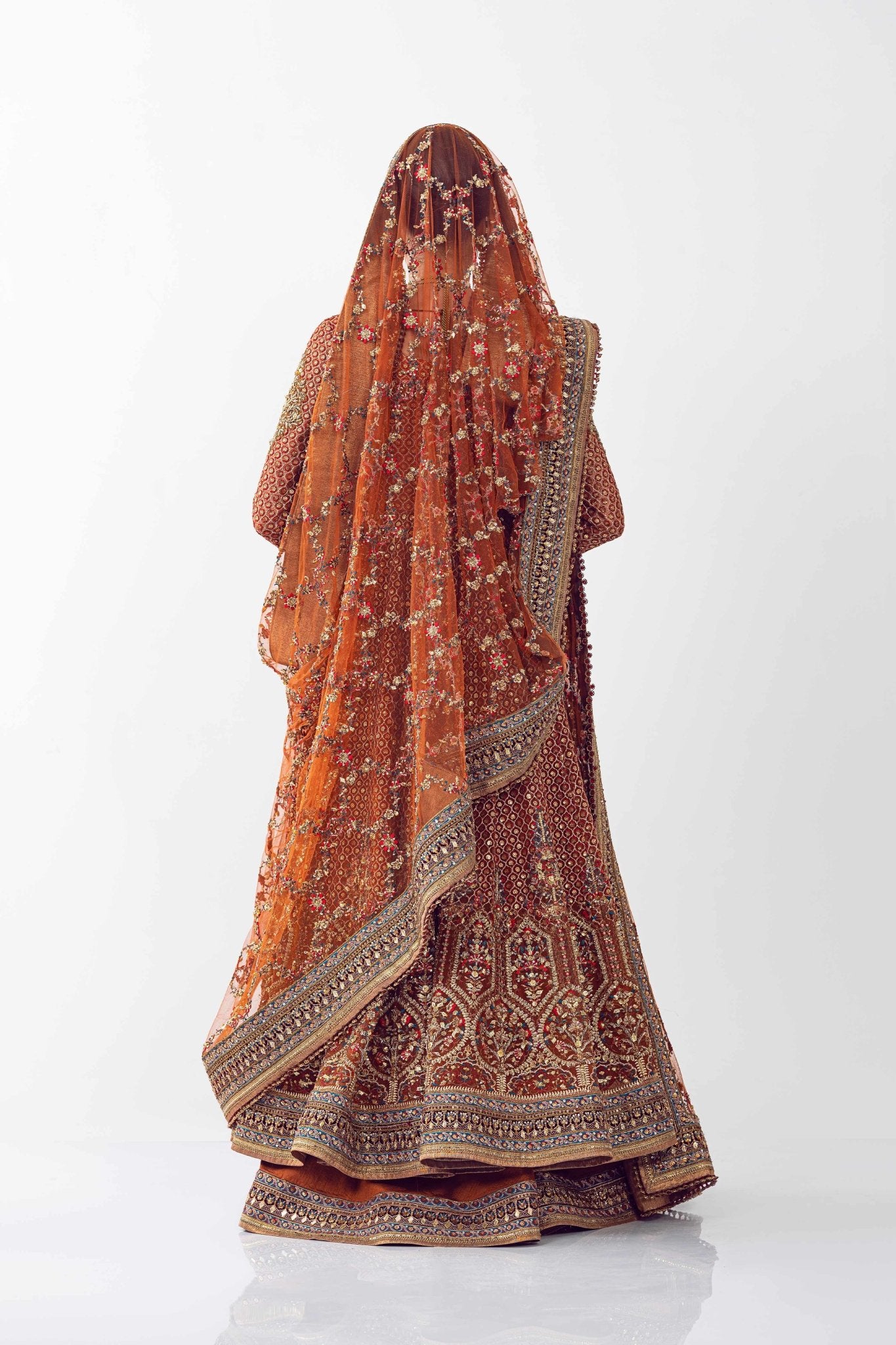 Pakistani Rust Adda & Crystal Net Lehenga Choli (3-Piece) - Image 9