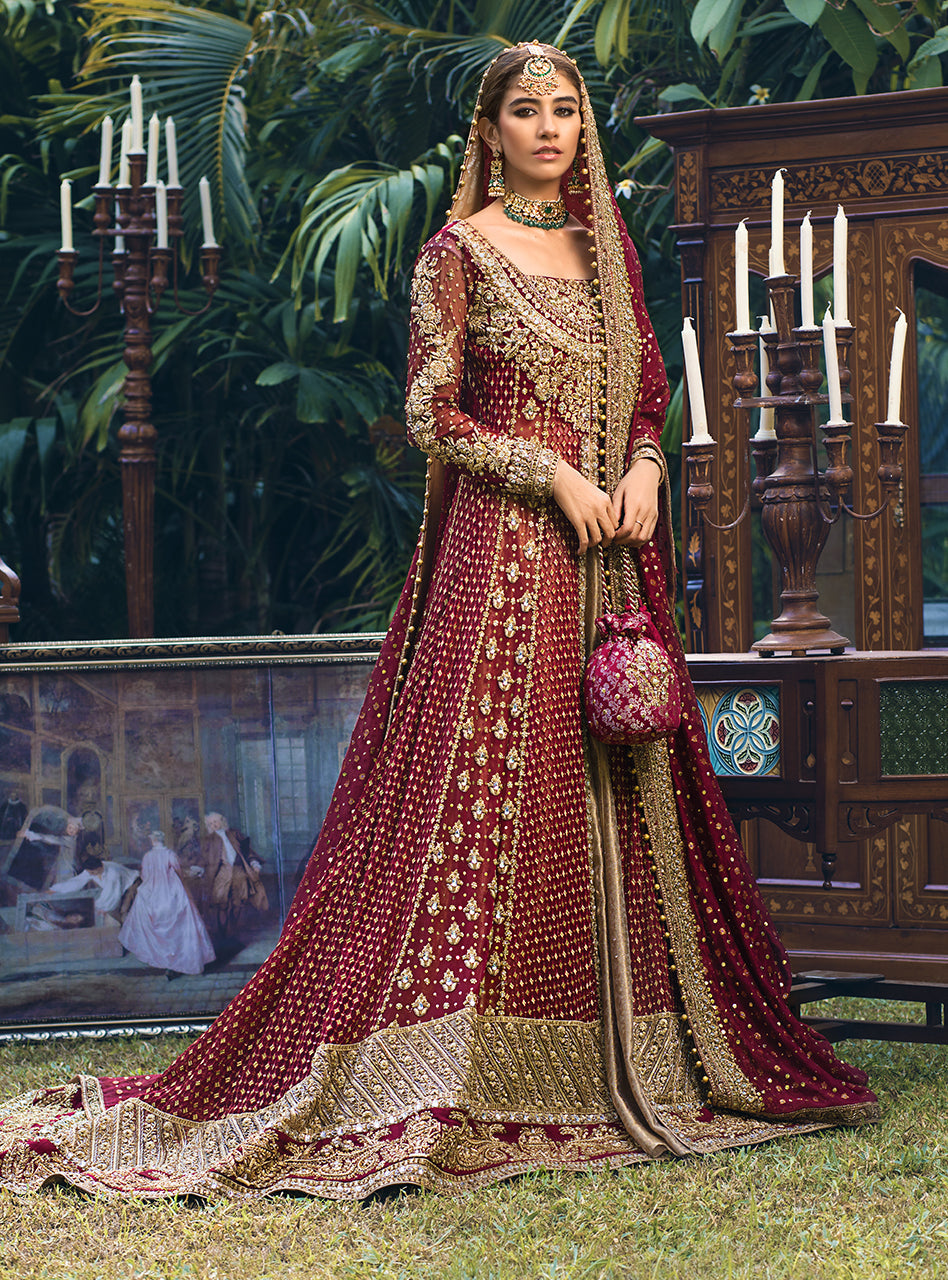Maroon Gold Embroidered Net Jacquard Bridal Lehenga (3-Piece) - Image 1