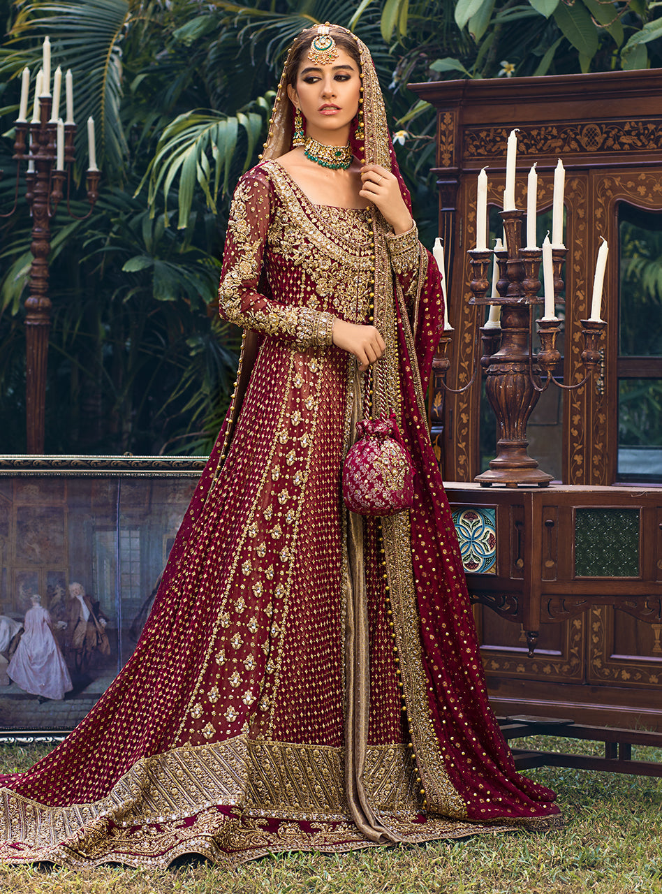 Maroon Gold Embroidered Net Jacquard Bridal Lehenga (3-Piece) - Image 3